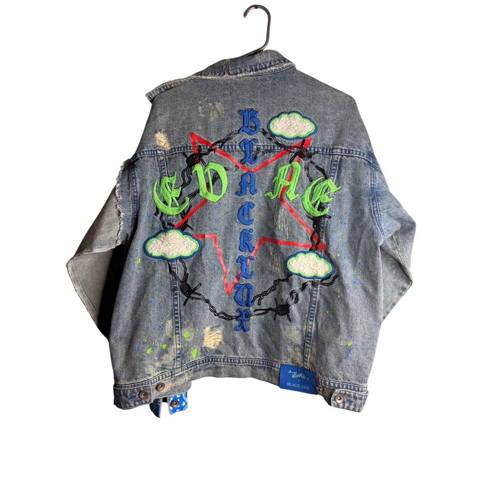 Evae Mob x Black Lux Destroy Denim Jacket M Distressed Paint Splatter Hype